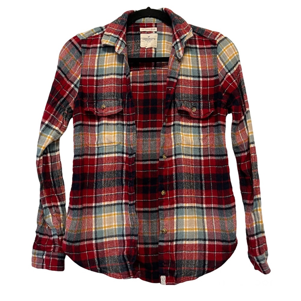 American Eagle Red Blue & Yellow Plaid Flannel Long Sleeve Button Down Shirt